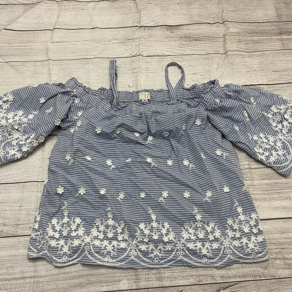 Target A New Day Blue White Striped Floral Embroidered Off Shoulder Top Size S